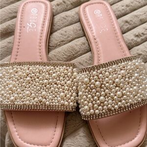 Elegant Pink Pearl Embellished Slide Sandals